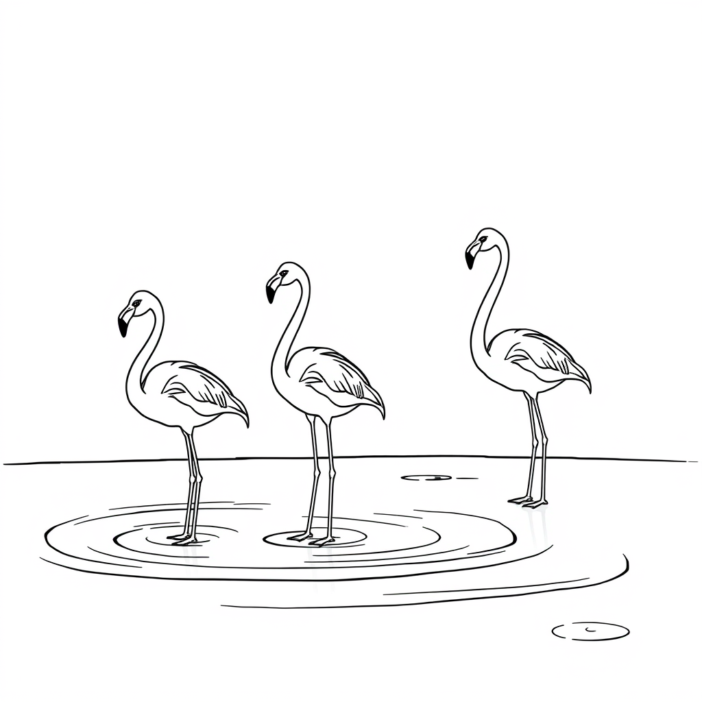 Black and white coloring page of flamingos standing in a tranquil lagoon