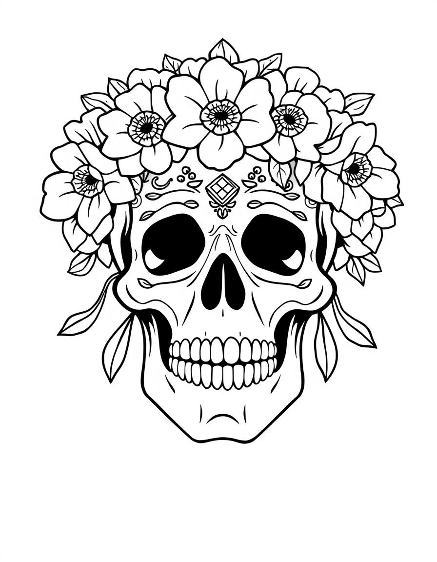 Black and white coloring page of a skull wearing an elaborate flower crown