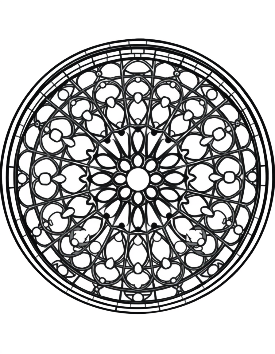 Rose Window With Twelve Petal Sections and Outer Medallions black and white line art