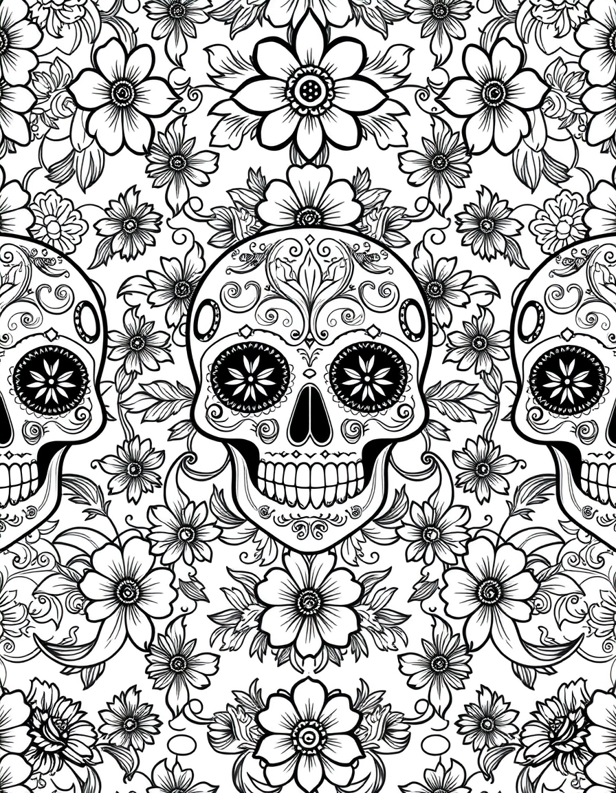 Black and white coloring page of a repeating decorative pattern of sugar skulls and flowers