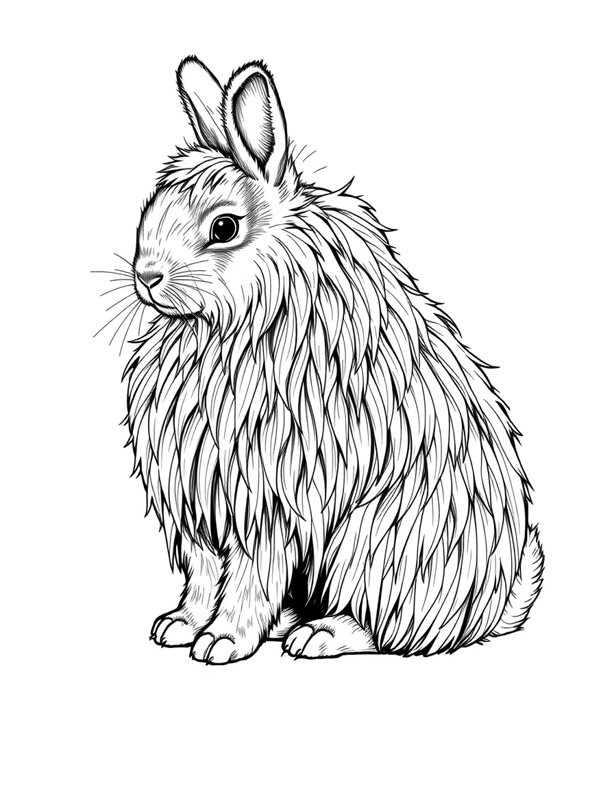 Black and white coloring page of angora rabbit with long fluffy fur