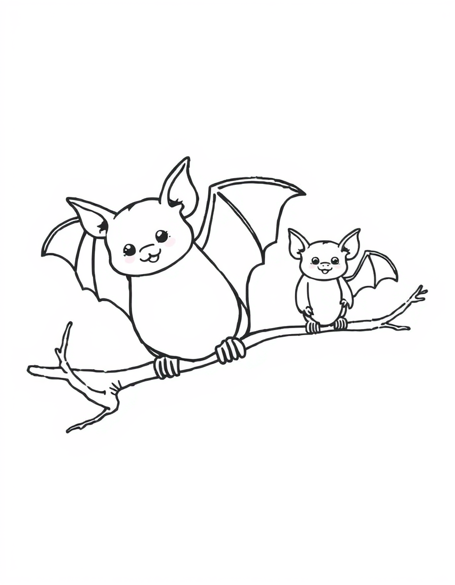 Baby Bat Beside Its Mother on a Branch black and white line art