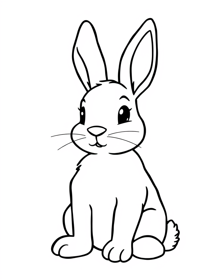 Baby bunny sitting upright with two long ears, thick outline coloring page