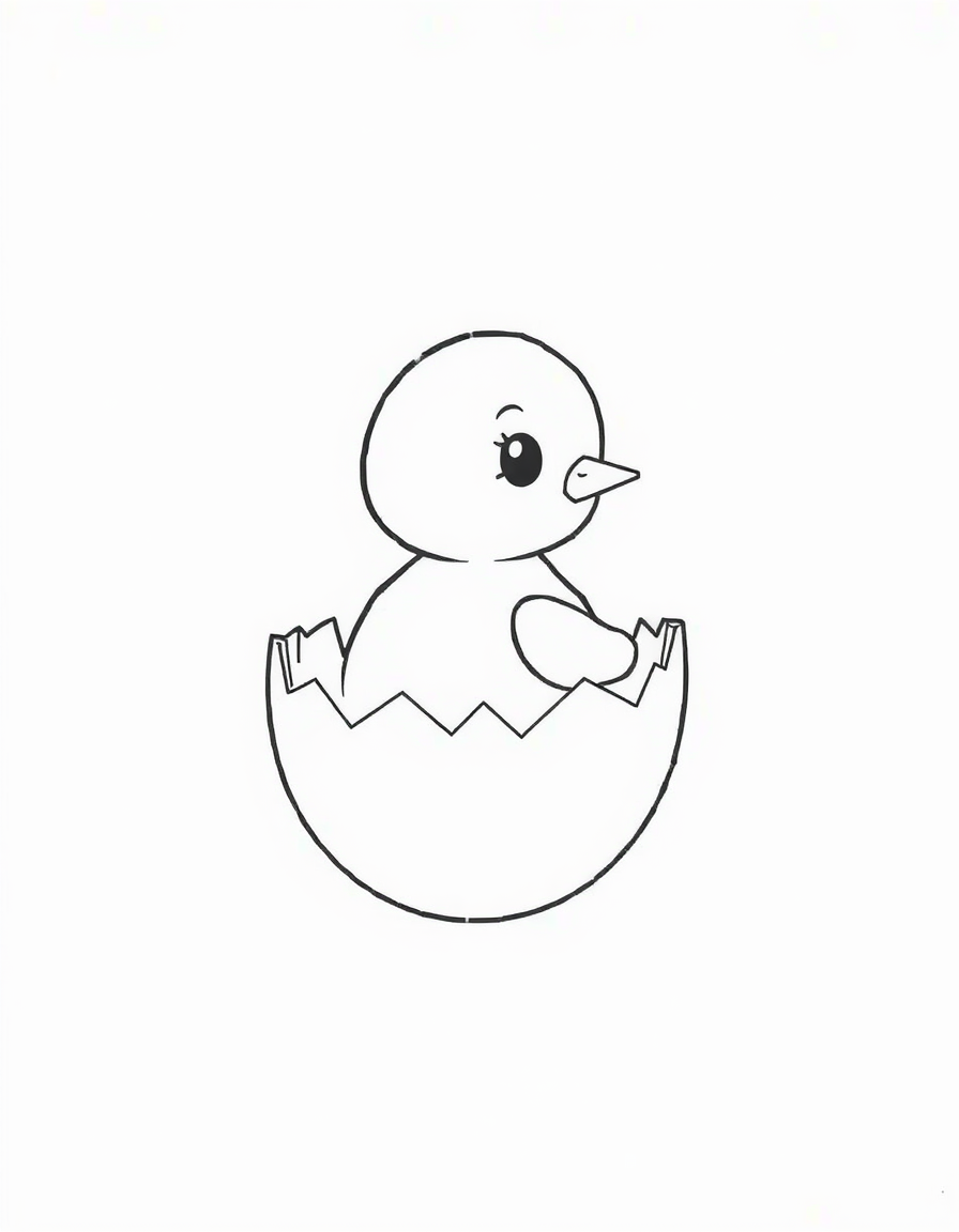Coloring page of a baby chick standing inside the cracked bottom half of an egg shell