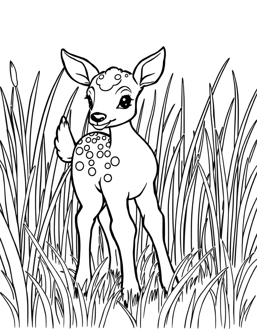 Baby Deer Fawn Standing in Tall Grass black and white line art