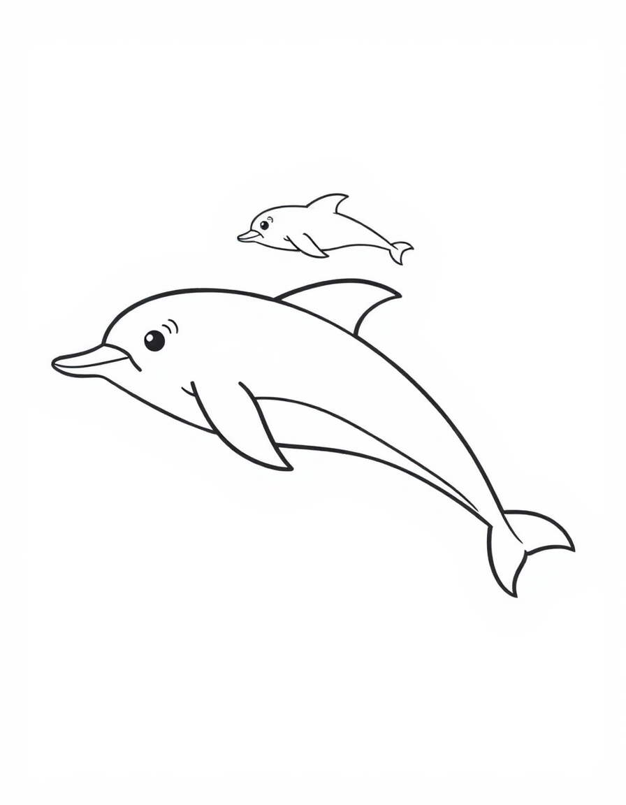 Baby Dolphin Swimming Beside Its Mother black and white line art