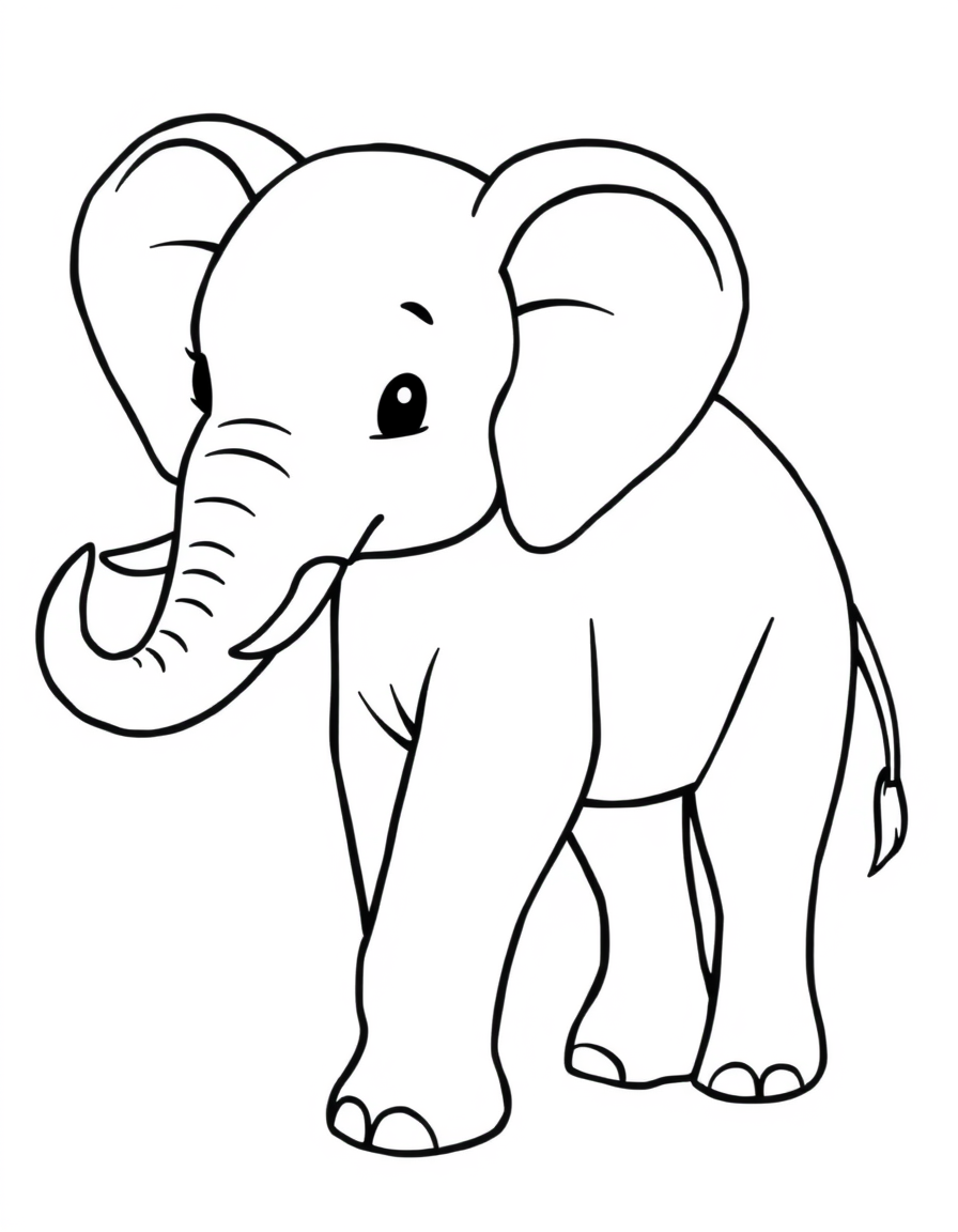 Baby elephant calf standing with its trunk curled up, thick outline coloring page