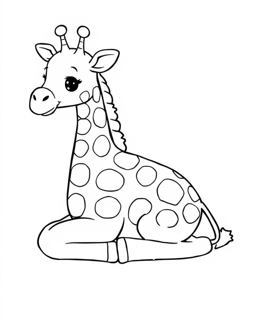 Coloring page of a baby giraffe sitting down with its legs folded under its body