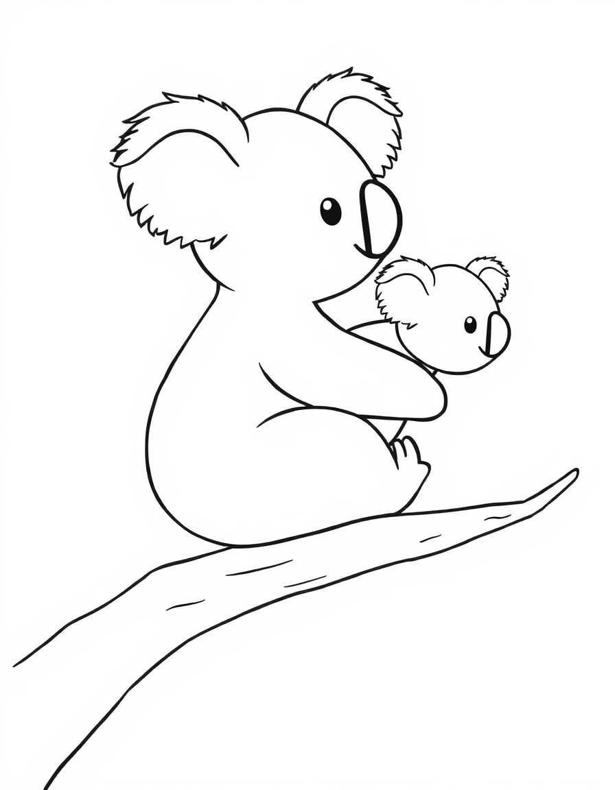 Coloring page of a baby koala riding on the back of its mother