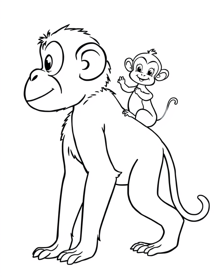 Coloring page of a baby monkey riding on the back of its mother