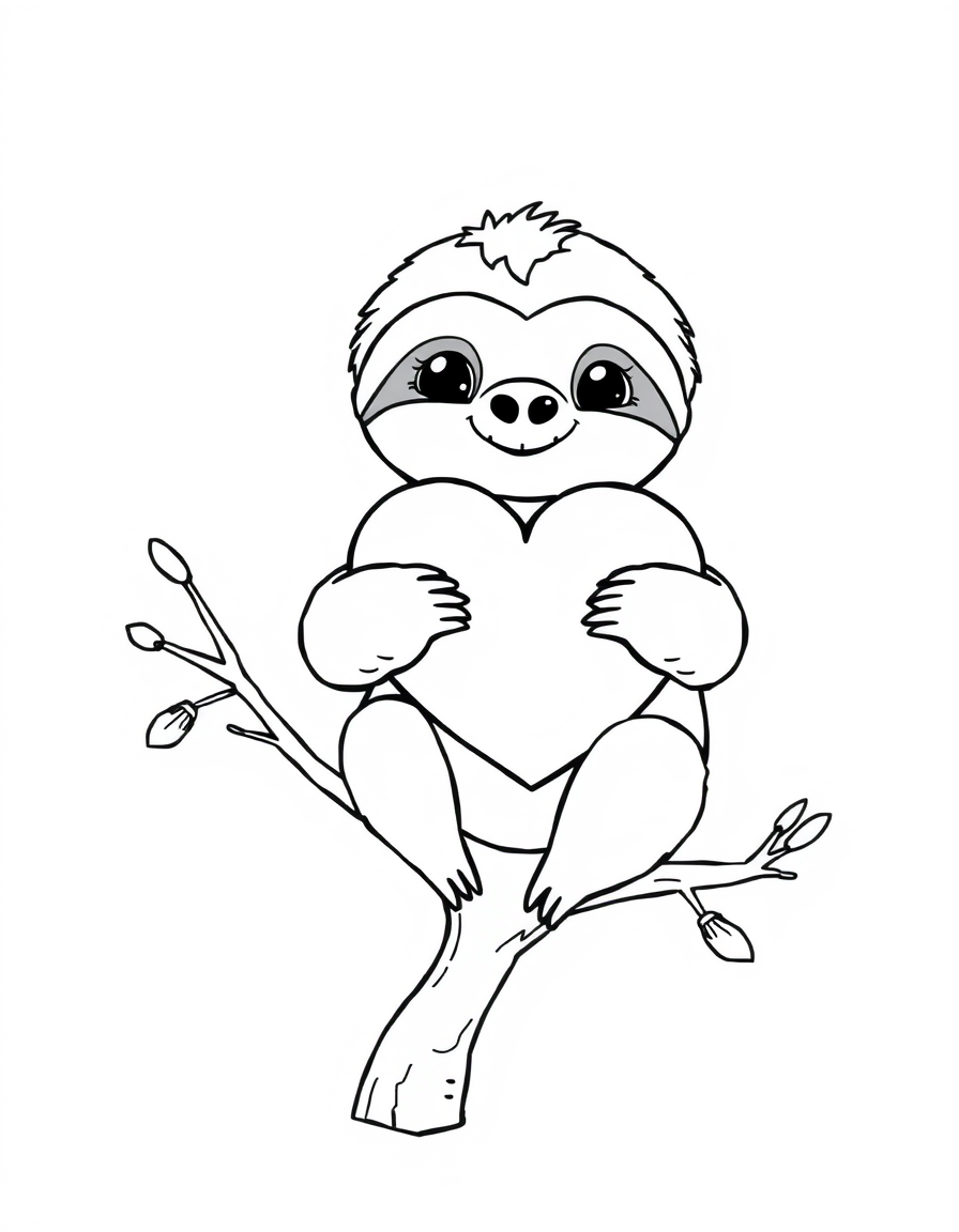 Baby Sloth Holding a Heart black and white line art