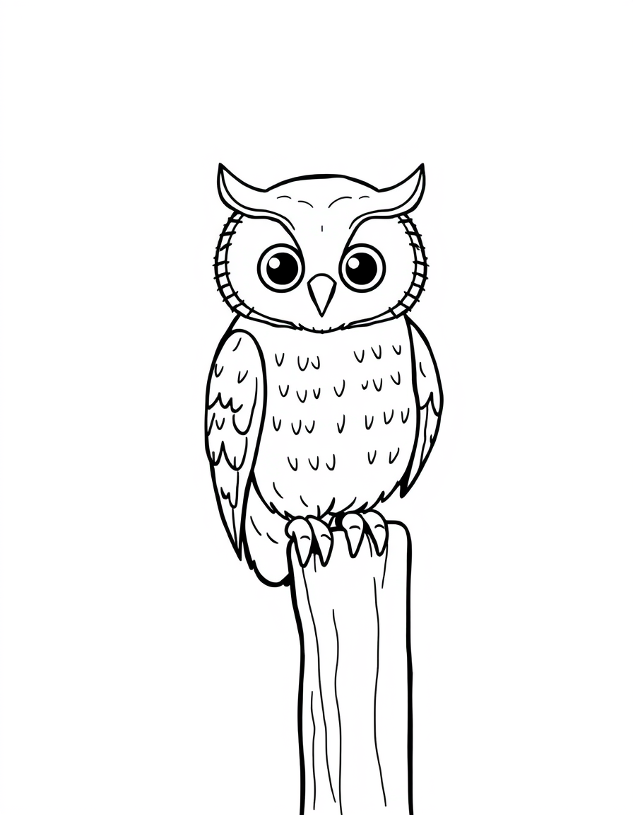 Black and white coloring page of a barn owl perched on a fence post