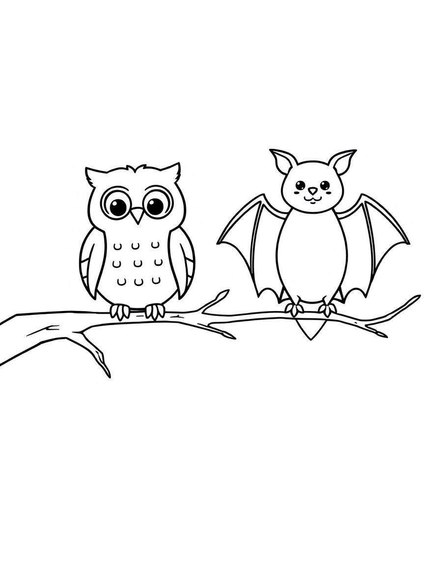 Bat and Owl Sharing a Tree Branch black and white line art