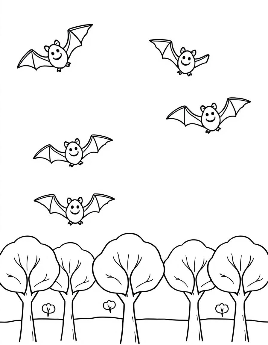 Bat Family Flying Above the Treetops black and white line art