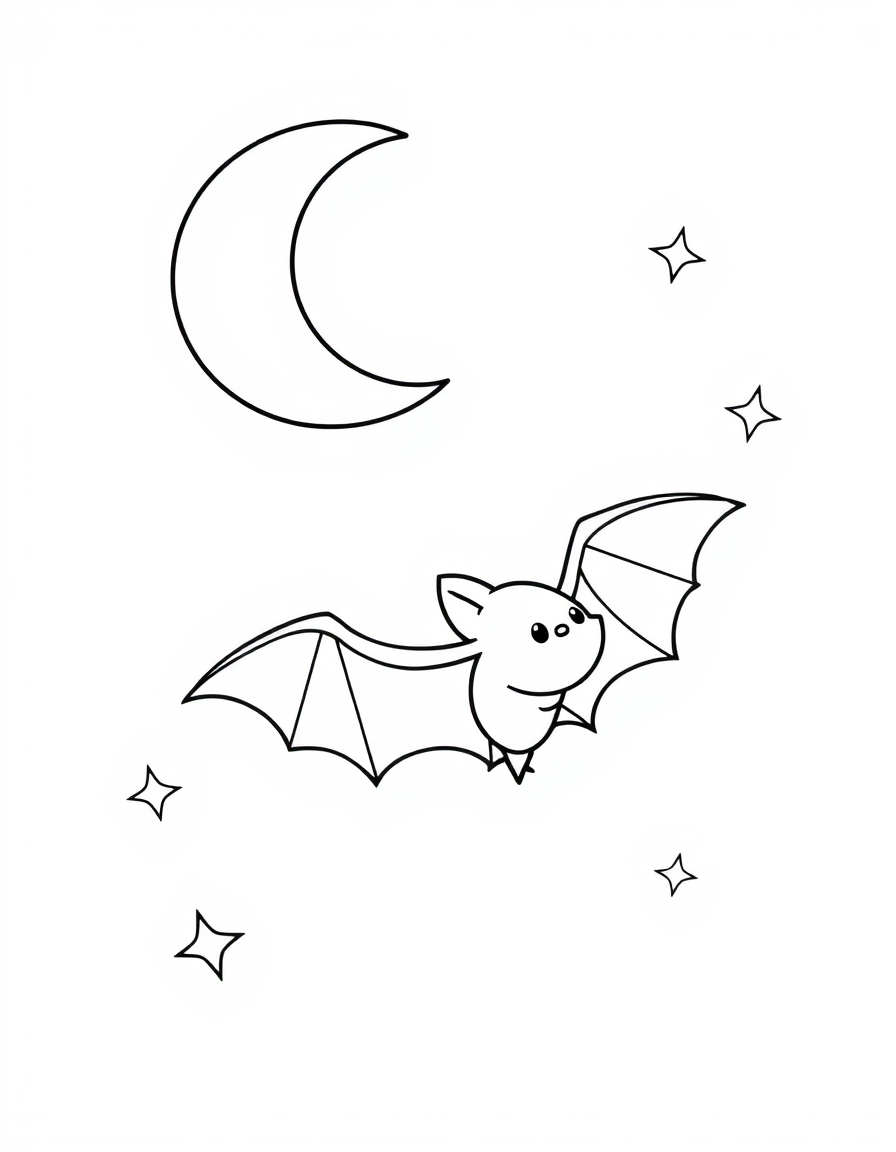 Bat Flying Under a Crescent Moon black and white line art