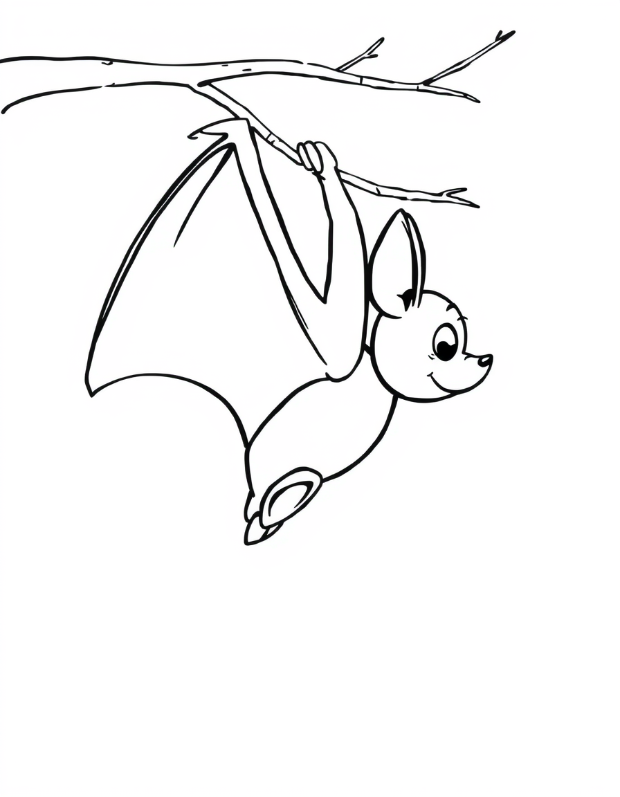 Bat Hanging Upside Down From a Branch black and white line art