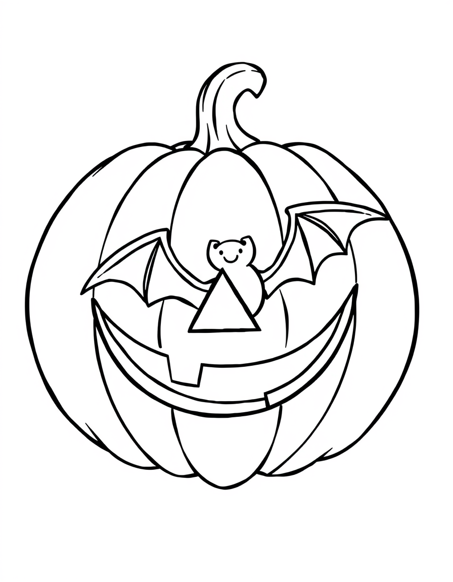 Bat Peeking Out of a Jack-o-Lantern black and white line art