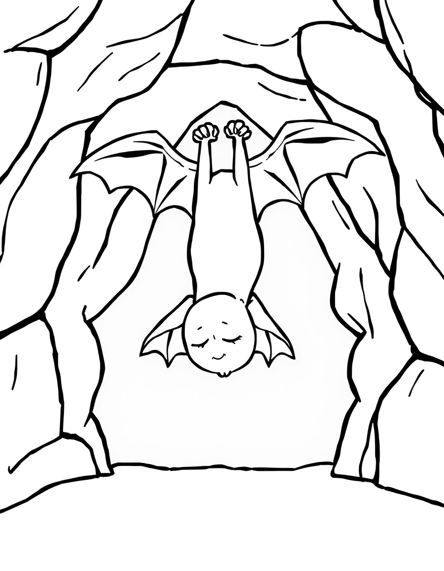 Bat Sleeping in a Rocky Cave black and white line art