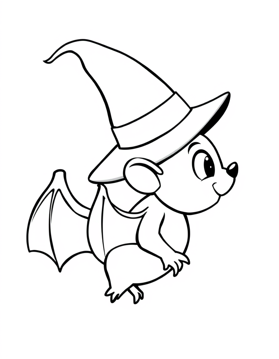 Bat Wearing a Pointed Witch Hat black and white line art