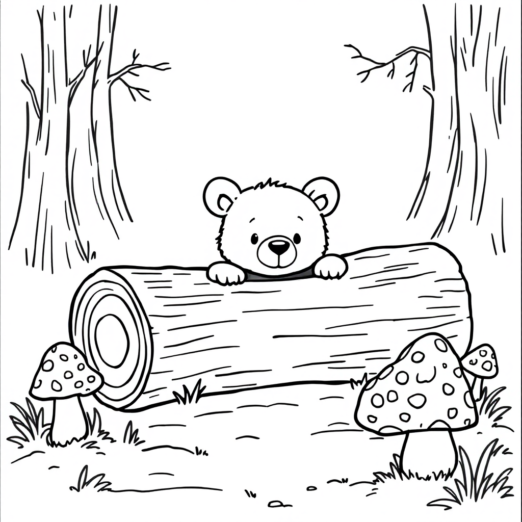 Coloring page of a bear cub peeking over a fallen log with mushrooms beside it