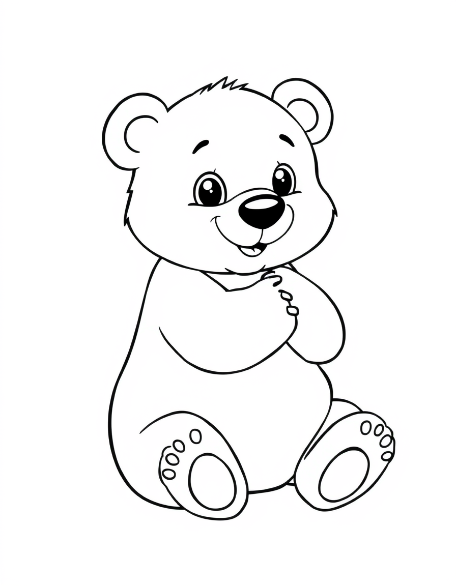 Chubby bear cub sitting with both front paws together at its chest, thick outline coloring page