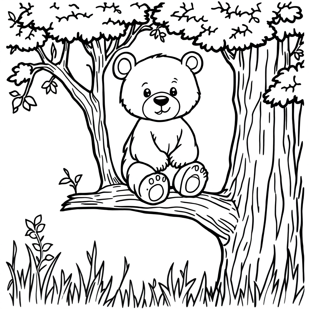 Coloring page of a bear cub sitting up on a tree branch with its legs hanging down