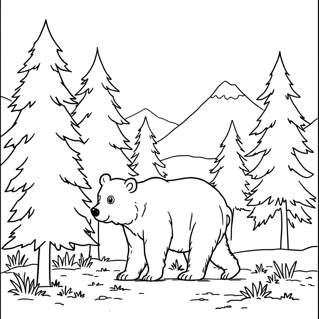 Coloring page of a bear walking through pine trees with mountains behind