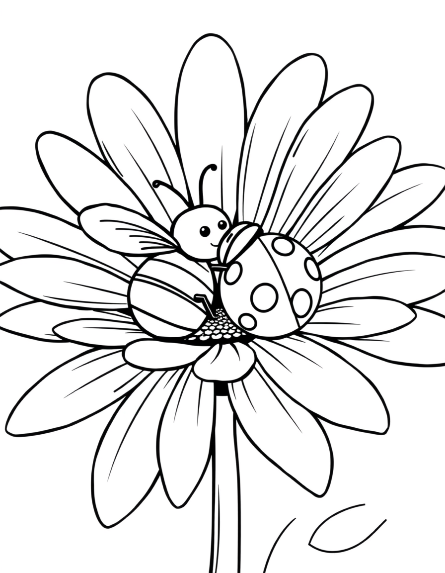 Bee and a Ladybug Sitting on a Daisy black and white line art