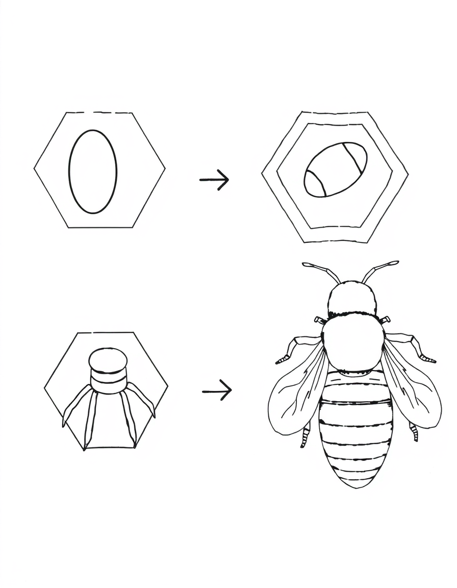 Bee Life Cycle From Egg to Adult black and white line art