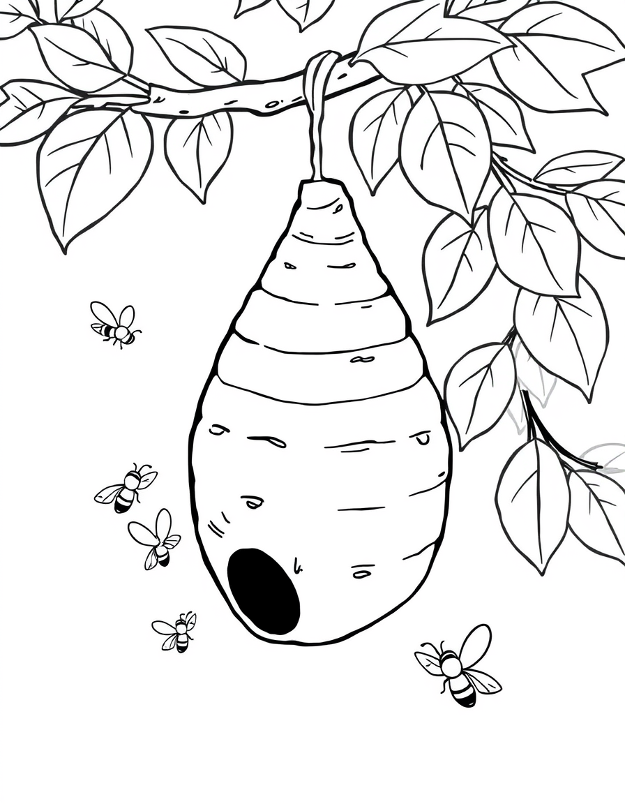 Beehive Hanging From a Tree Branch black and white line art