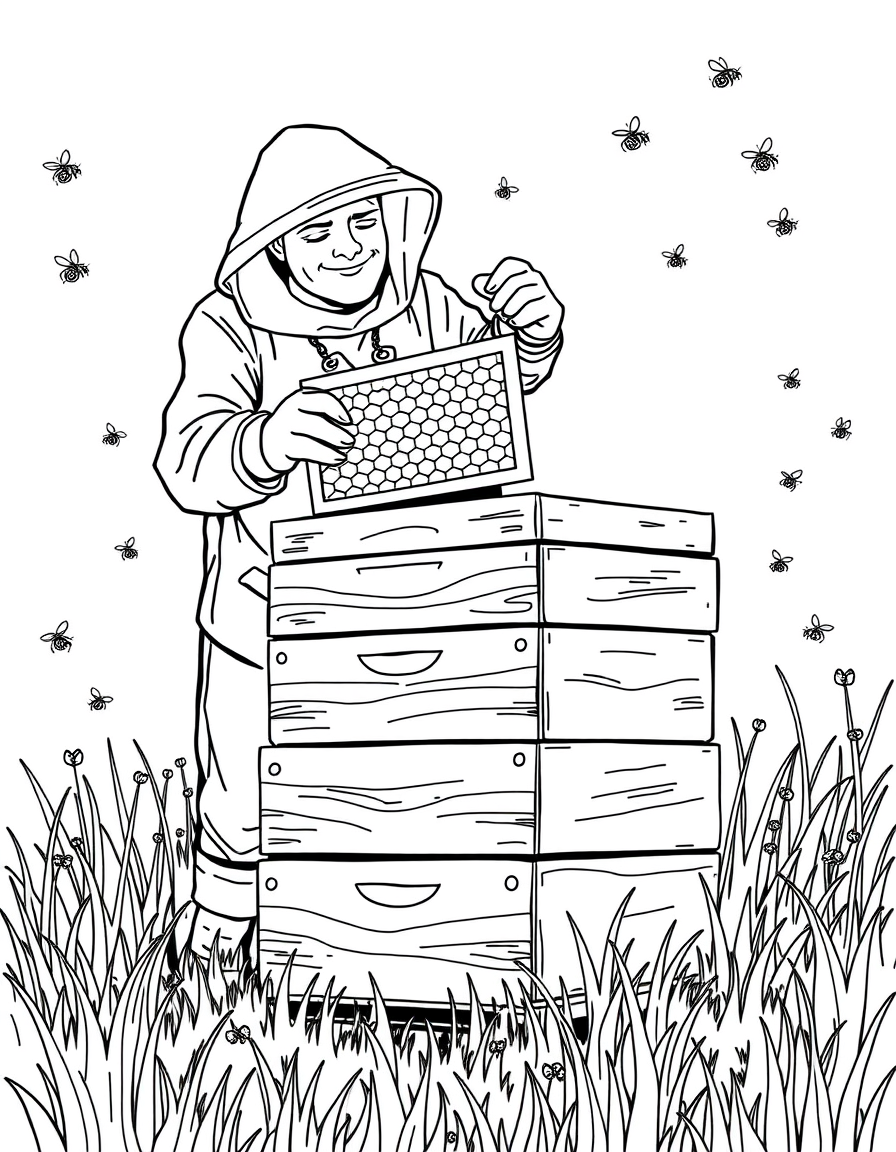 Beekeeper Tending a Row of Hives black and white line art