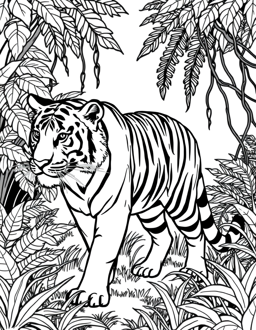 Bengal Tiger Prowling Through Jungle Leaves black and white line art