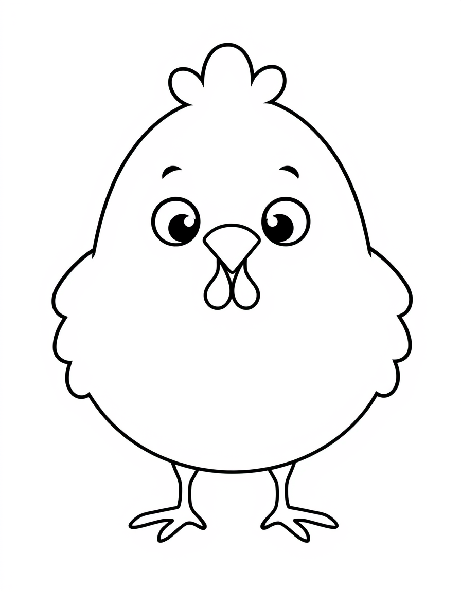 Coloring page of a big smiling cartoon chicken seen from the front