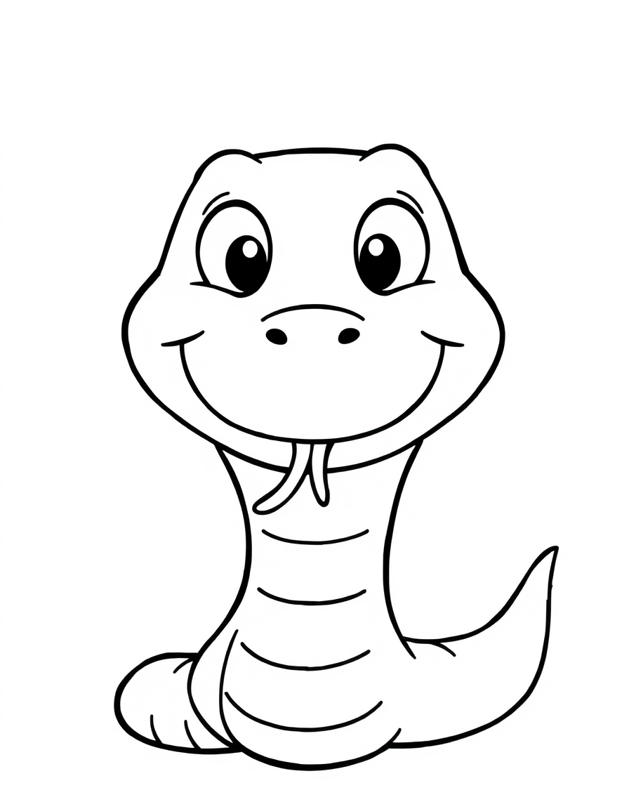 Coloring page of a large smiling cartoon snake face seen from the front