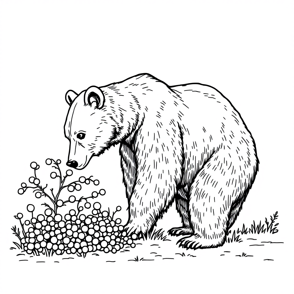 Coloring page of a black bear lowering its head into a bush of berries