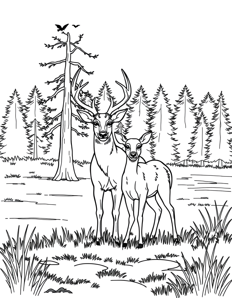 Buck and Doe at the Edge of a Clearing black and white line art