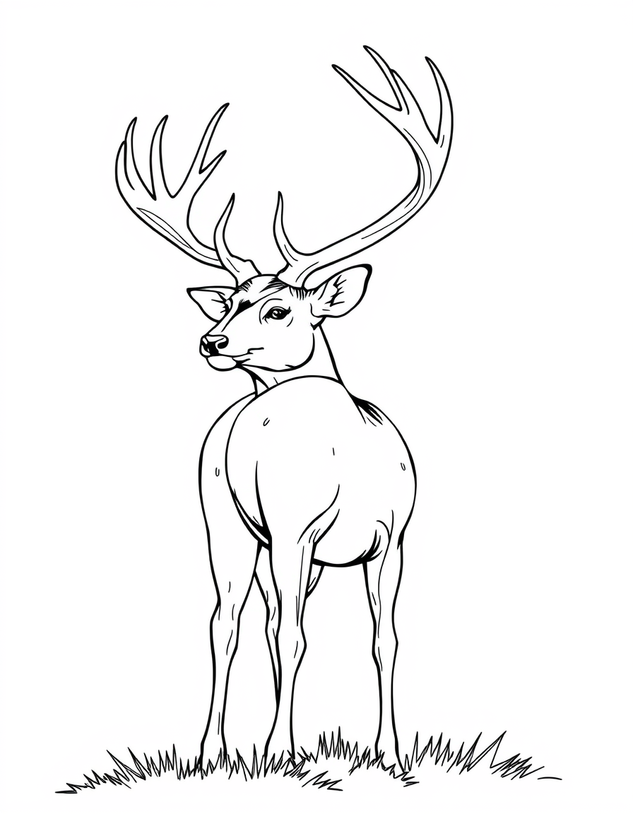 Buck With a Full Rack of Antlers Standing Alert black and white line art