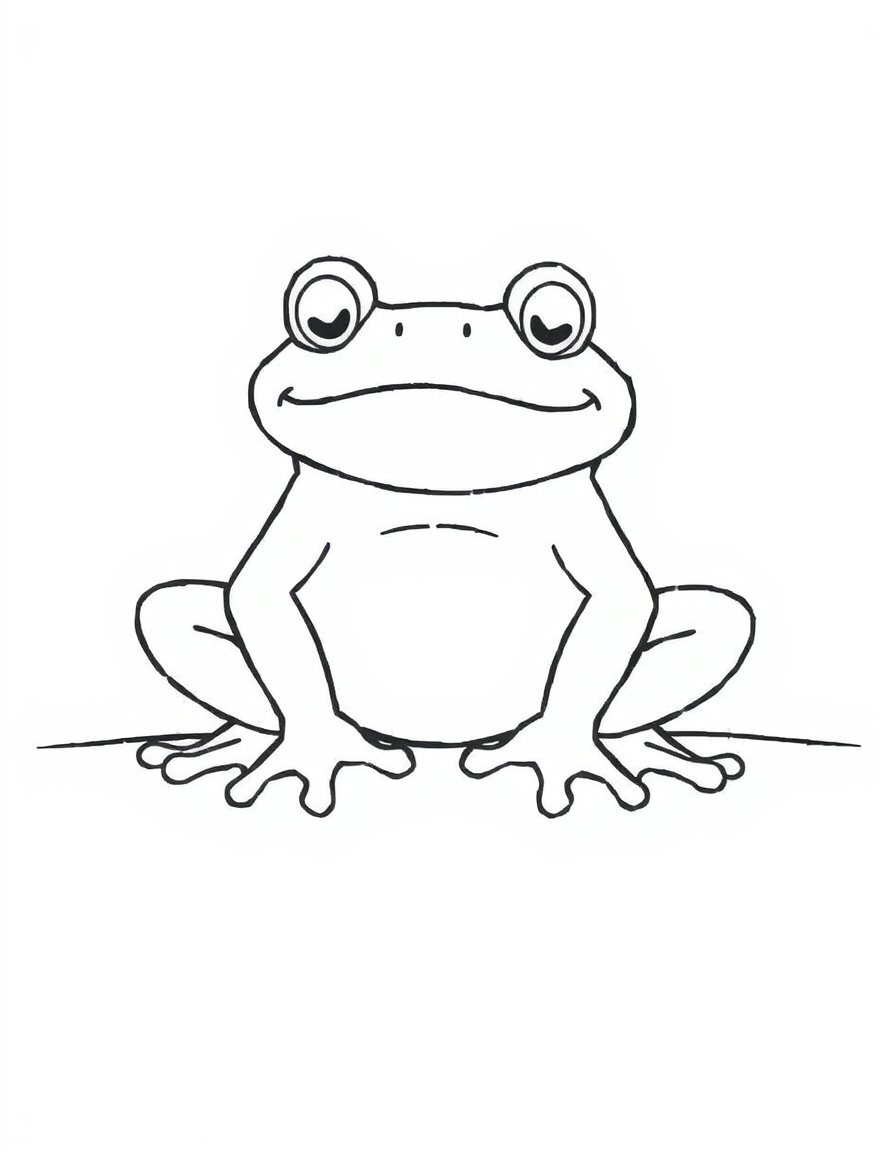 Coloring page of a big bullfrog sitting still and facing forward on a ground line