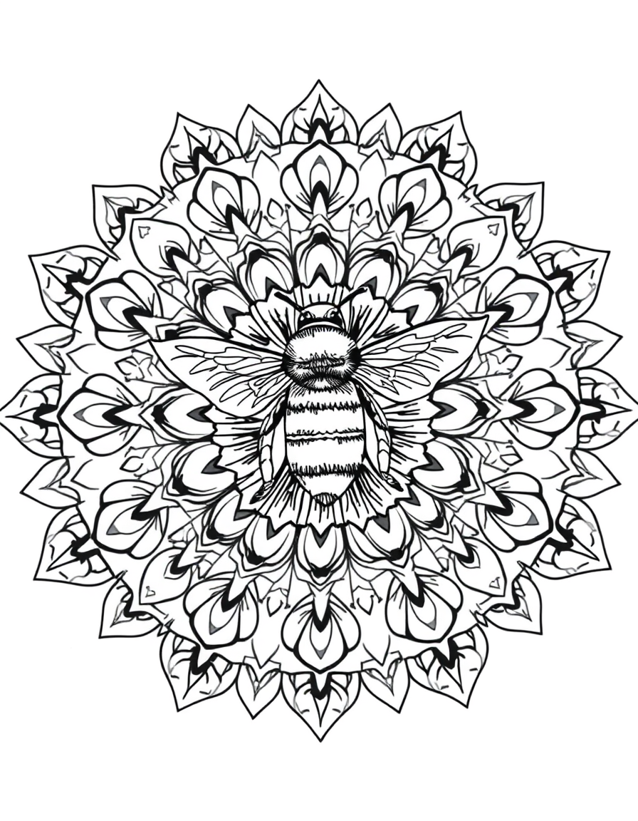 Bumble Bee Mandala With Symmetrical Wing Patterns black and white line art