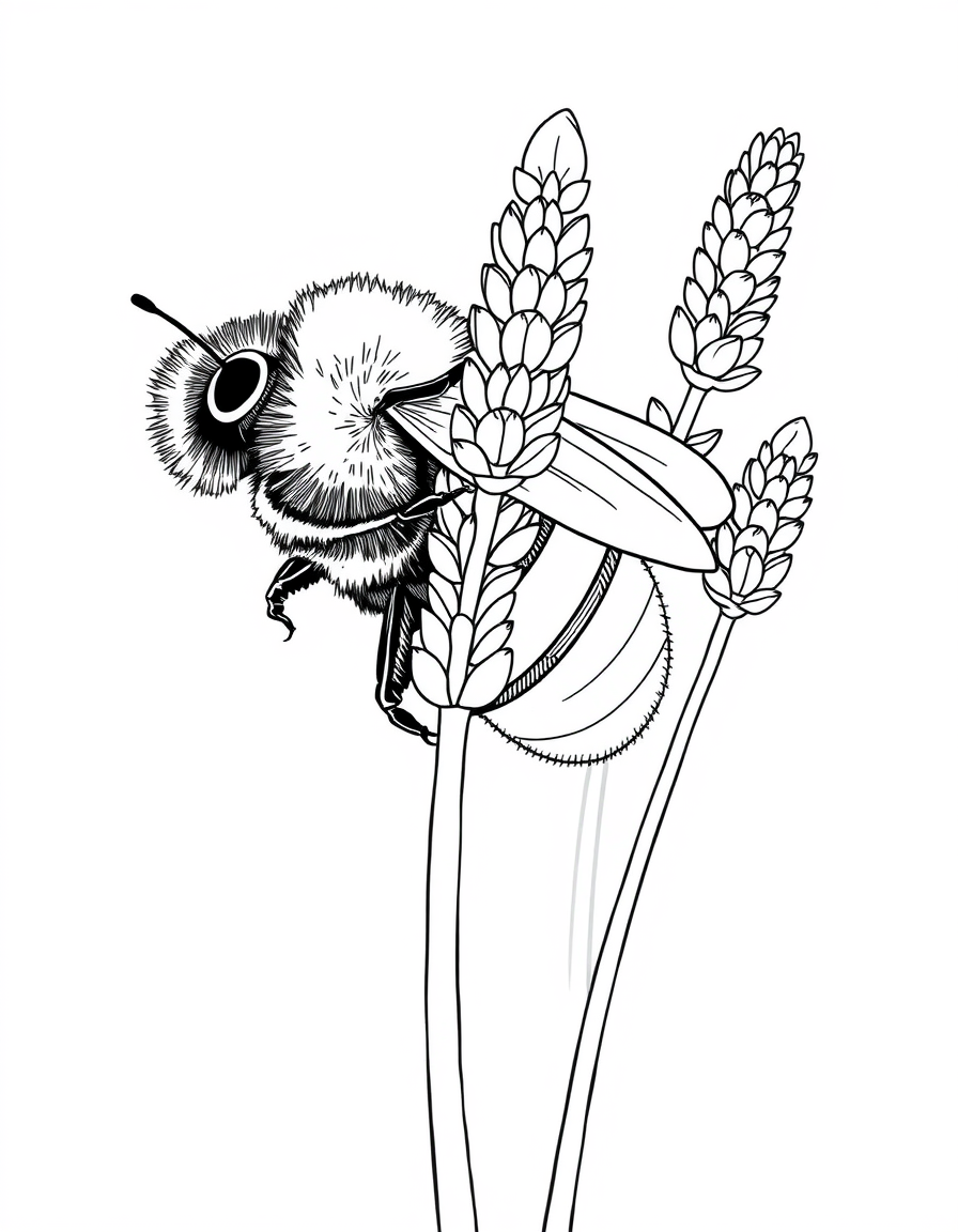 Bumble Bee on a Lavender Stem black and white line art