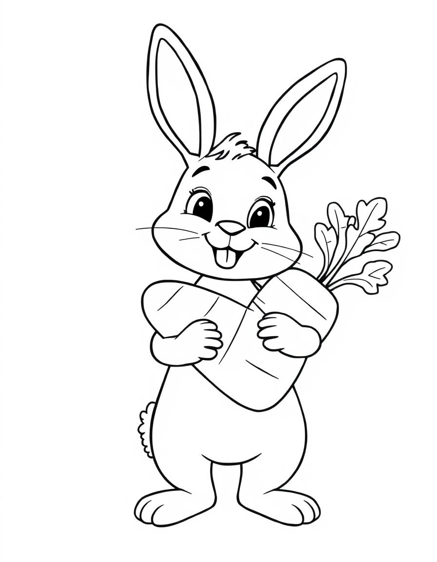 Black and white coloring page of bunny holding a large carrot