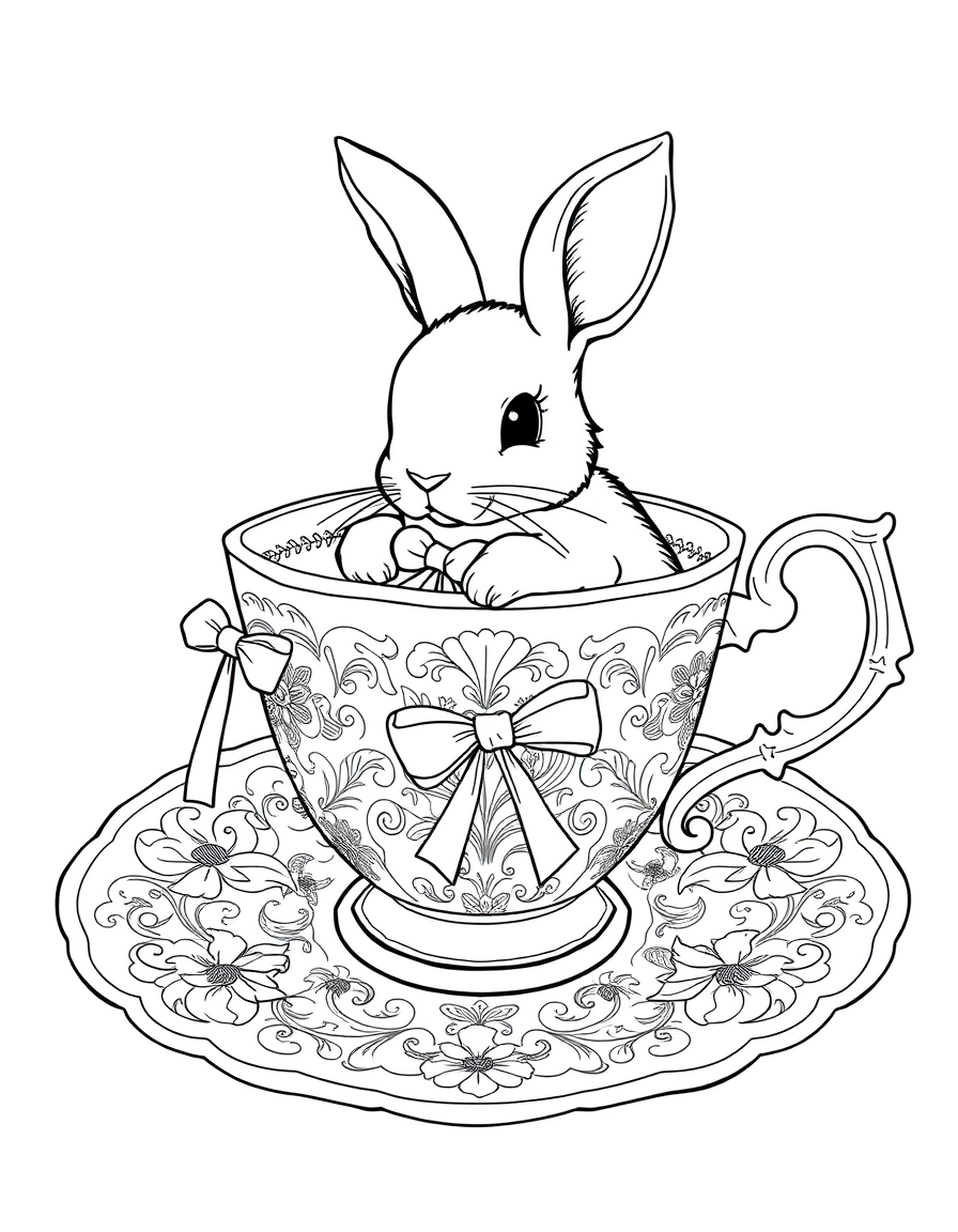 Black and white coloring page of bunny in a teacup with ribbons and bows