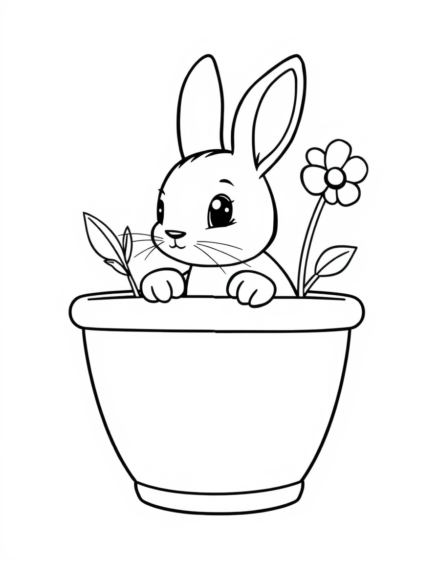 Black and white coloring page of bunny peeking out of a flower pot