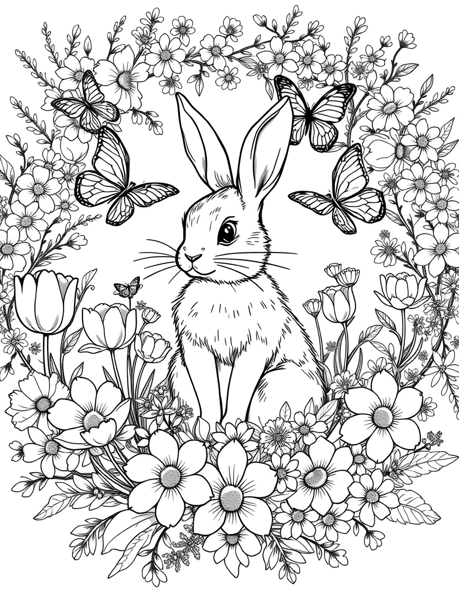 Black and white coloring page of bunny surrounded by spring flowers and butterflies