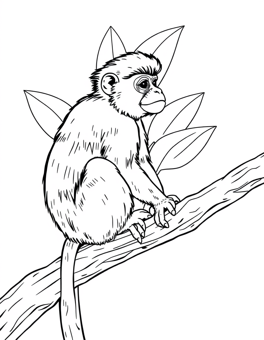 Detailed coloring page of a capuchin monkey sitting on a jungle branch