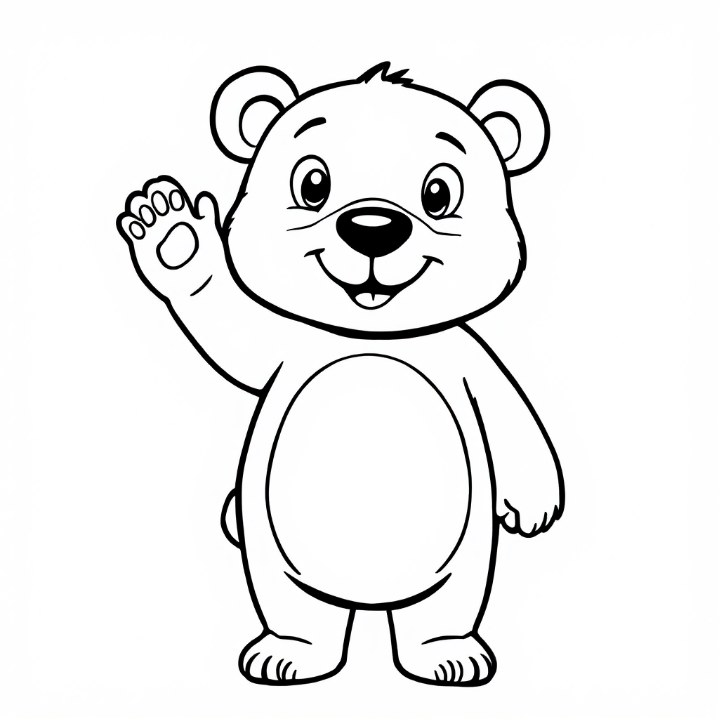 Coloring page of a cartoon bear standing on two legs and waving one paw