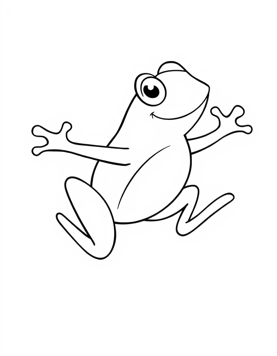 Coloring page of a cartoon frog jumping through the air with its back legs stretched out behind it