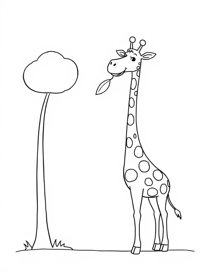 Coloring page of a cartoon giraffe holding a leaf in its mouth beside a tall tree