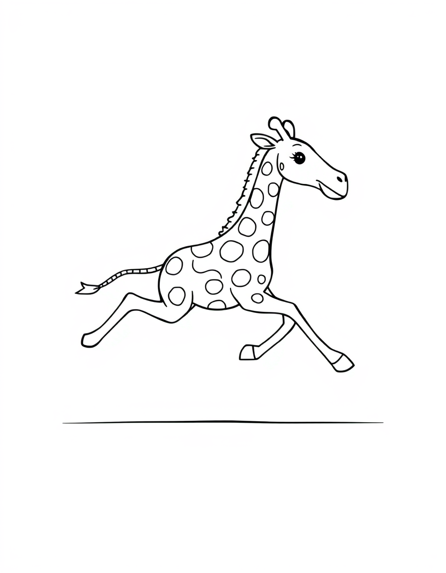Coloring page of a cartoon giraffe running with its legs stretched out