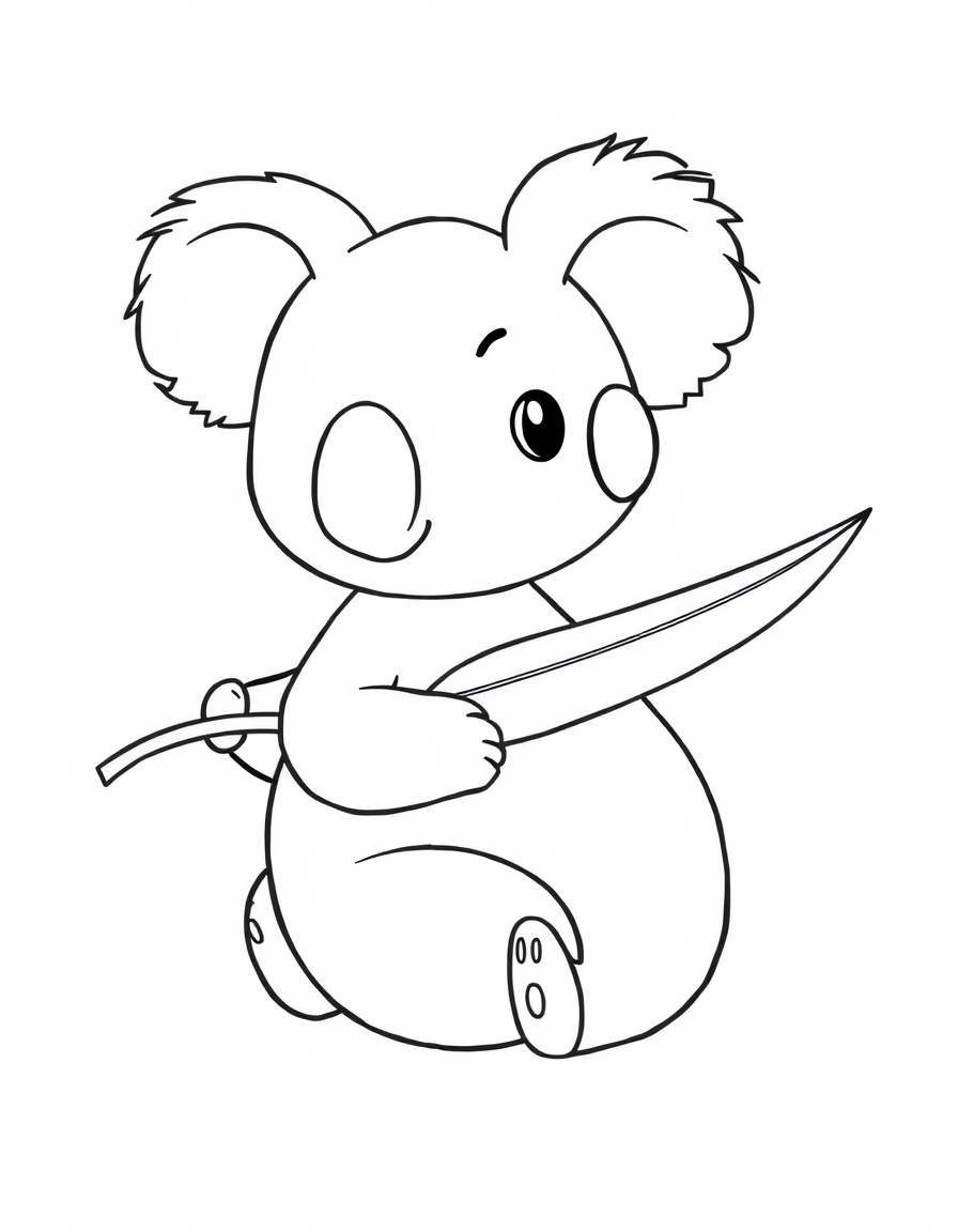Coloring page of a cartoon koala sitting down and holding a eucalyptus leaf